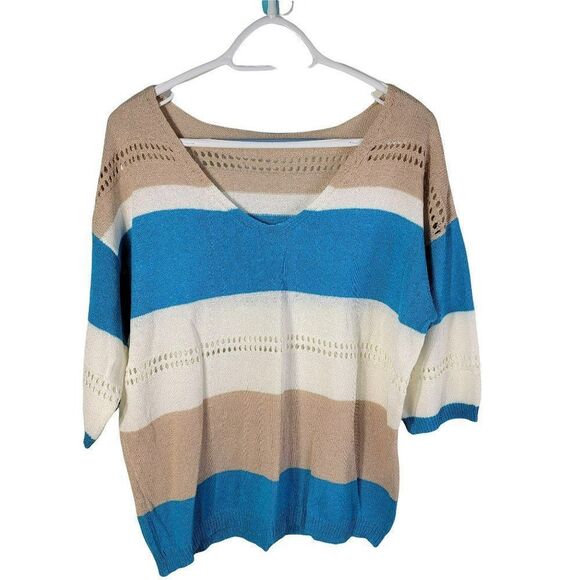 Beachy Sweater Open Knit Blue Tan Cream Vneck Coastal Grandma Blouse Size L - Picture 1 of 5